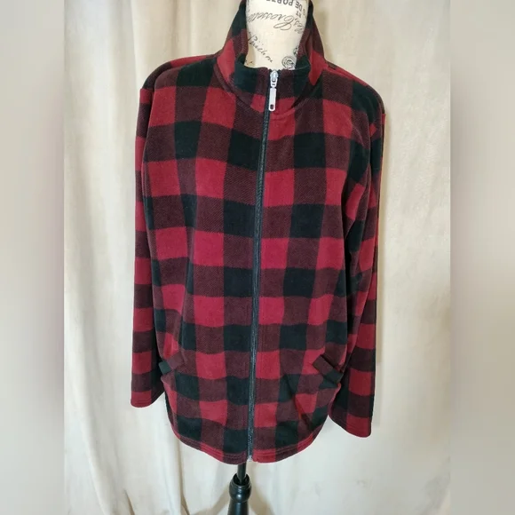 EUC! Denim & Co Red & Black Buffalo Plaid Fleece Jacket. Size L - Picture 1 of 7